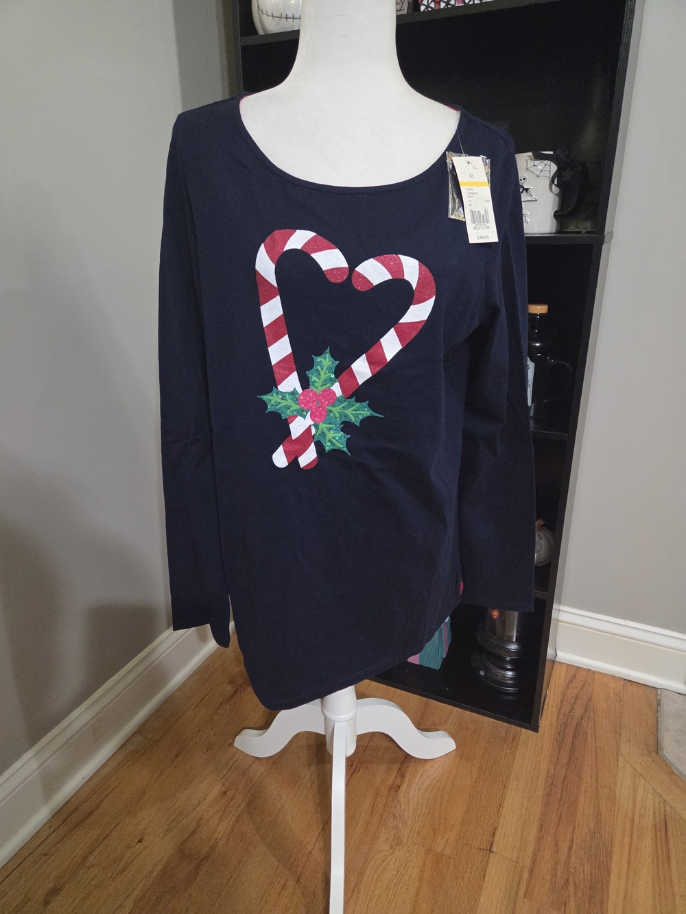 Kim Rogers Navy Long-Sleeve Top with Candy Cane Heart
